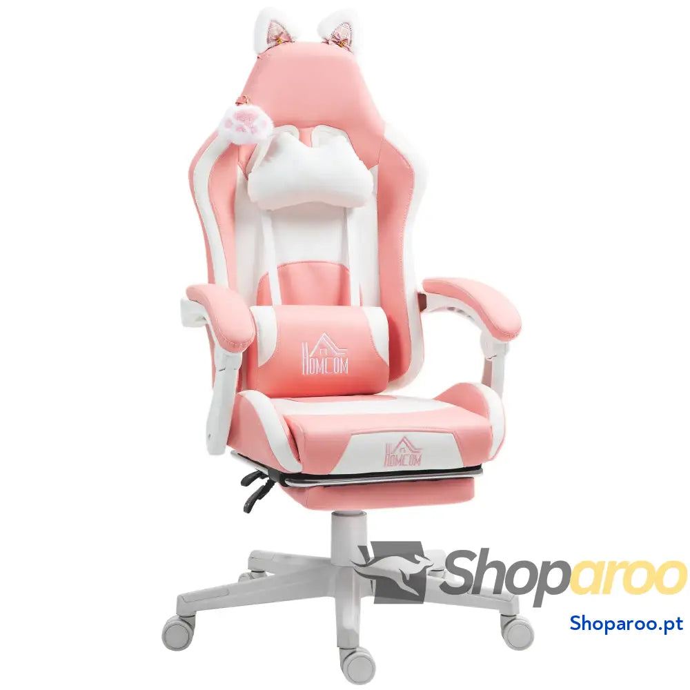 Cadeira Gaming com Orelhas Gamer Reclinável Altura Ajustável e Suporte Lombar 65x62x116-124 cm Rosa Branco