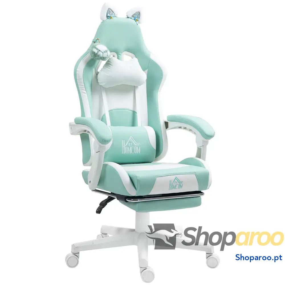 Cadeira Gaming com Orelhas Gamer Reclinável Altura Ajustável e Suporte Lombar 65x62x116 124 cm Azul Claro