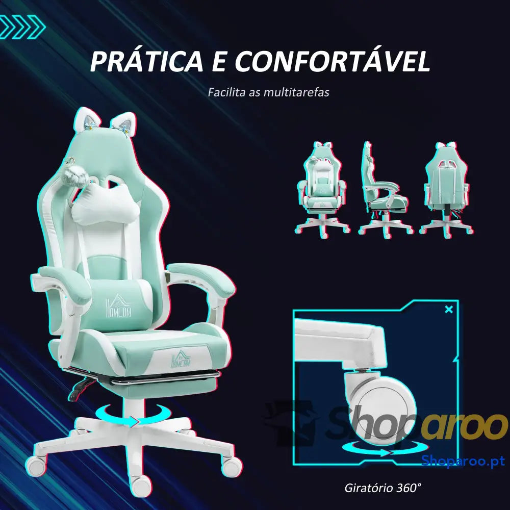 Cadeira Gaming com Orelhas Gamer Reclinável Altura Ajustável e Suporte Lombar 65x62x116 124 cm Azul Claro