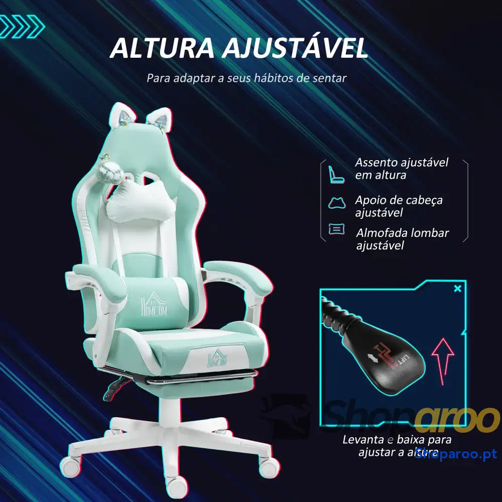 Cadeira Gaming com Orelhas Gamer Reclinável Altura Ajustável e Suporte Lombar 65x62x116 124 cm Azul Claro