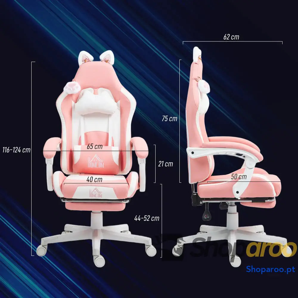 Cadeira Gaming com Orelhas Gamer Reclinável Altura Ajustável e Suporte Lombar 65x62x116-124 cm Rosa Branco