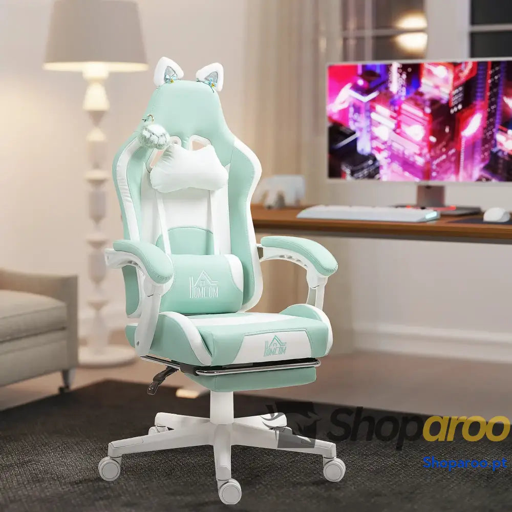 Cadeira Gaming com Orelhas Cadeira Gamer Reclinável com Altura Ajustável e Suporte Lombar 65x62x116-124 cm Azul Claro