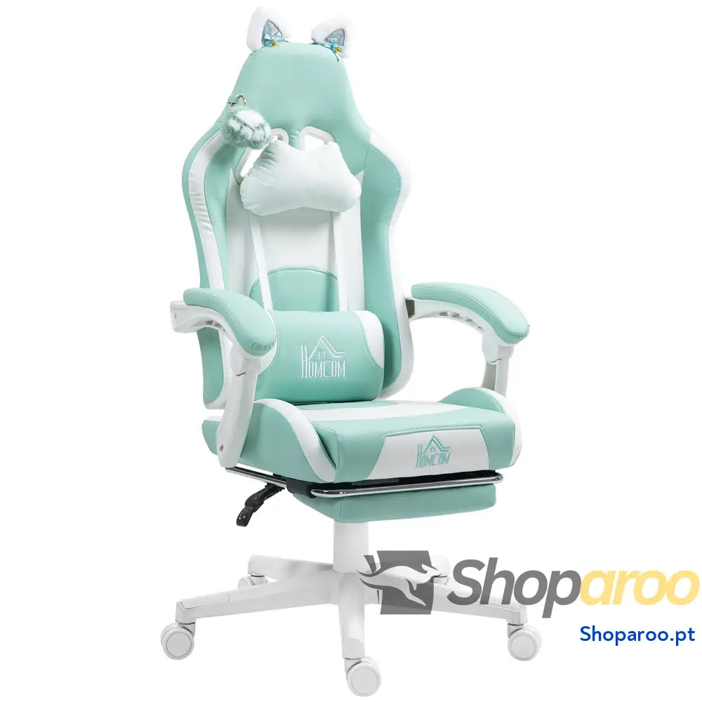 Cadeira Gaming com Orelhas Gamer Reclinável Altura Ajustável e Suporte Lombar 65x62x116 124 cm Azul Claro