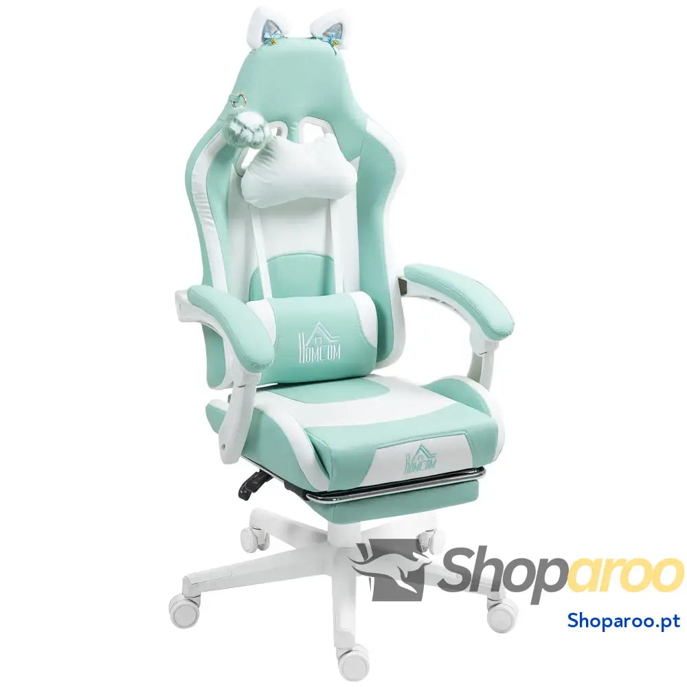 Cadeira Gaming com Orelhas Gamer Reclinável Altura Ajustável e Suporte Lombar 65x62x116 124 cm Azul Claro