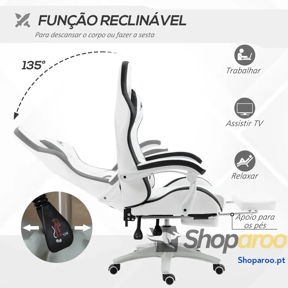 Cadeira Gaming de Couro PU com Altura Ajustável Reclinável 135° e Apoio para os Pés Retrátil 65x65x121-129 cm Branco