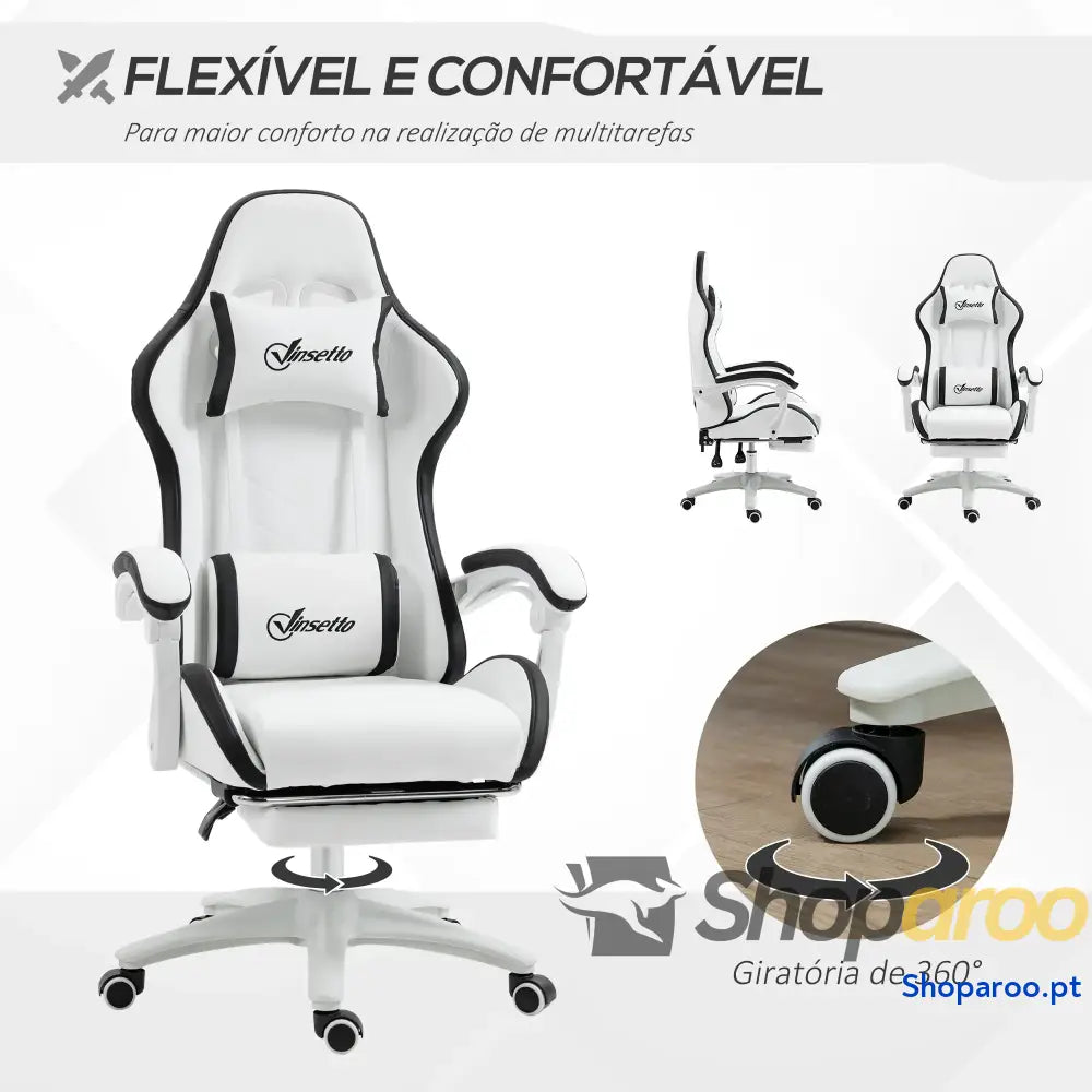 Cadeira Gaming de Couro PU com Altura Ajustável Reclinável 135° e Apoio para os Pés Retrátil 65x65x121-129 cm Branco
