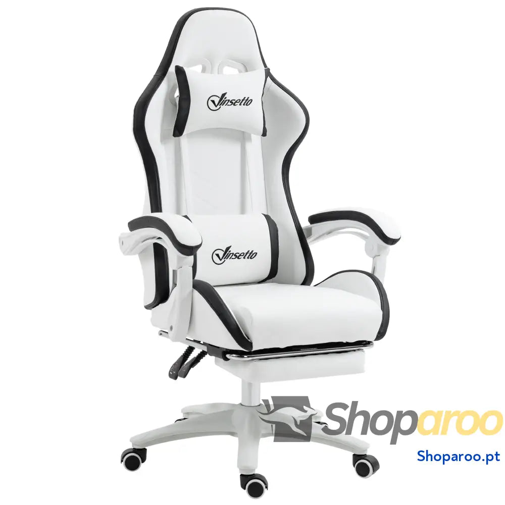 Cadeira Gaming de Couro PU com Altura Ajustável Reclinável 135° e Apoio para os Pés Retrátil 65x65x121-129 cm Branco
