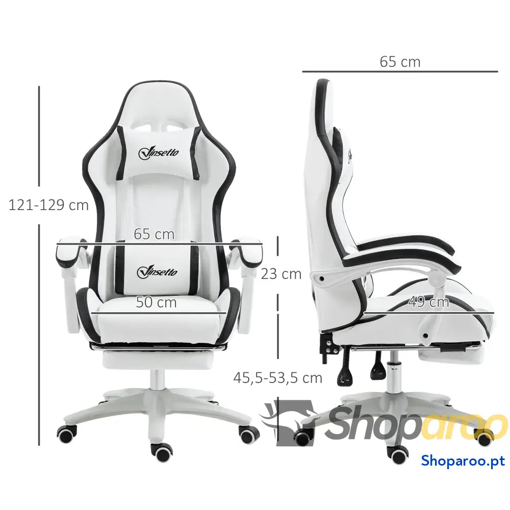 Cadeira Gaming de Couro PU com Altura Ajustável Reclinável 135° e Apoio para os Pés Retrátil 65x65x121-129 cm Branco