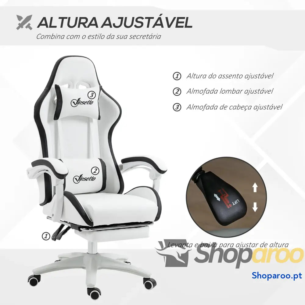 Cadeira Gaming de Couro PU com Altura Ajustável Reclinável 135° e Apoio para os Pés Retrátil 65x65x121-129 cm Branco