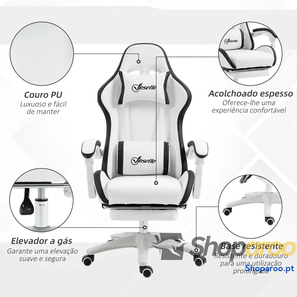 Cadeira Gaming de Couro PU com Altura Ajustável Reclinável 135° e Apoio para os Pés Retrátil 65x65x121-129 cm Branco