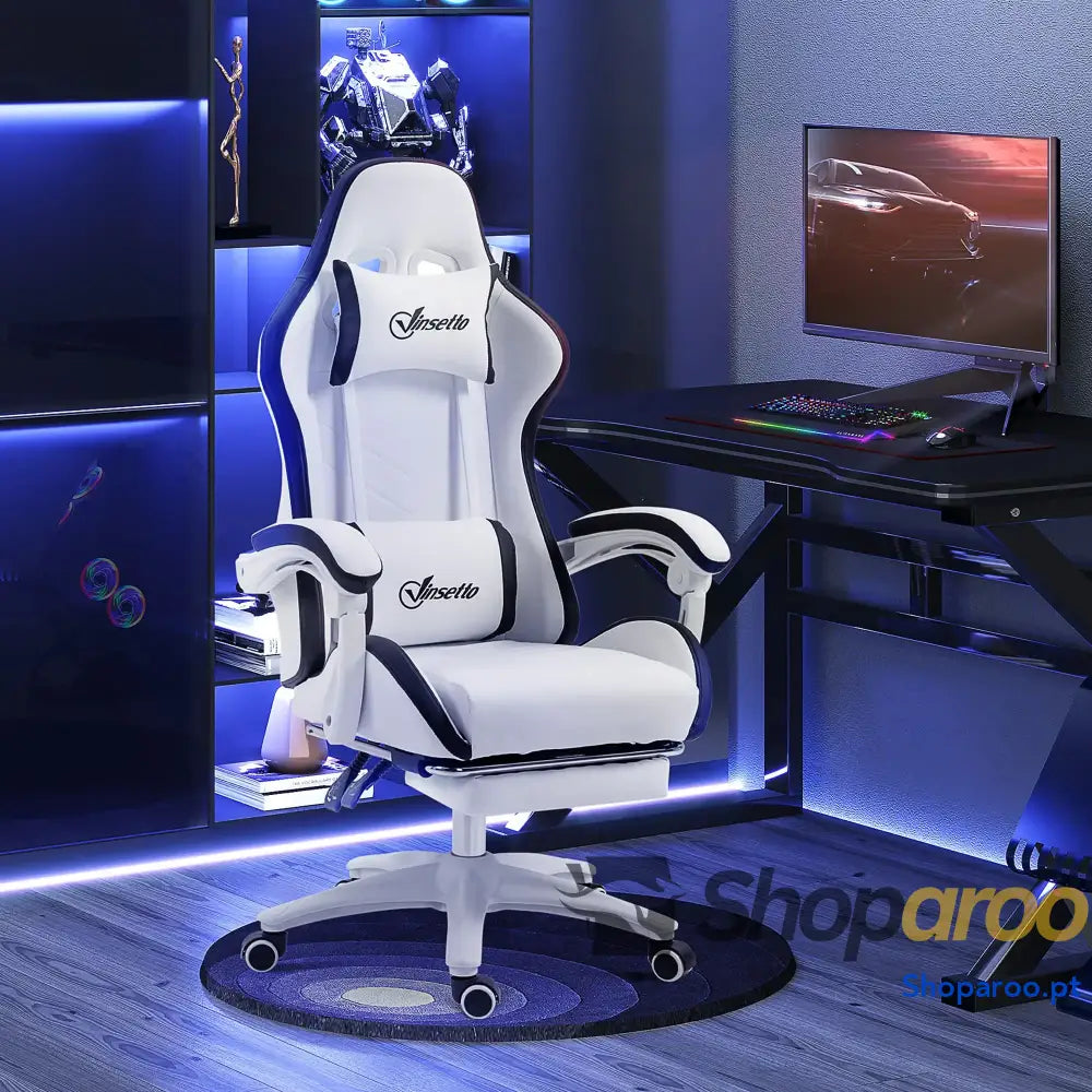 Cadeira Gaming de Couro PU com Altura Ajustável Reclinável 135° e Apoio para os Pés Retrátil 65x65x121-129 cm Branco