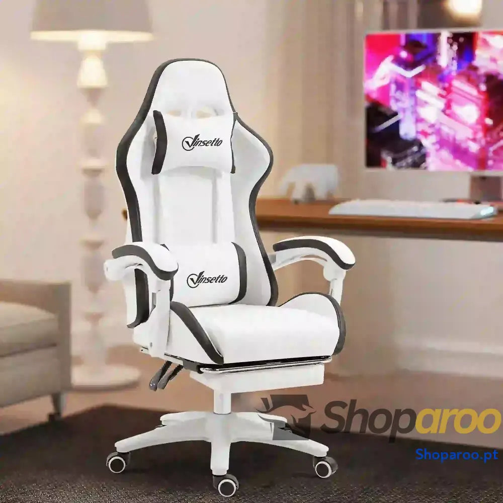 Cadeira Gaming de Couro PU com Altura Ajustável Reclinável 135° e Apoio para os Pés Retrátil 65x65x121-129 cm Branco