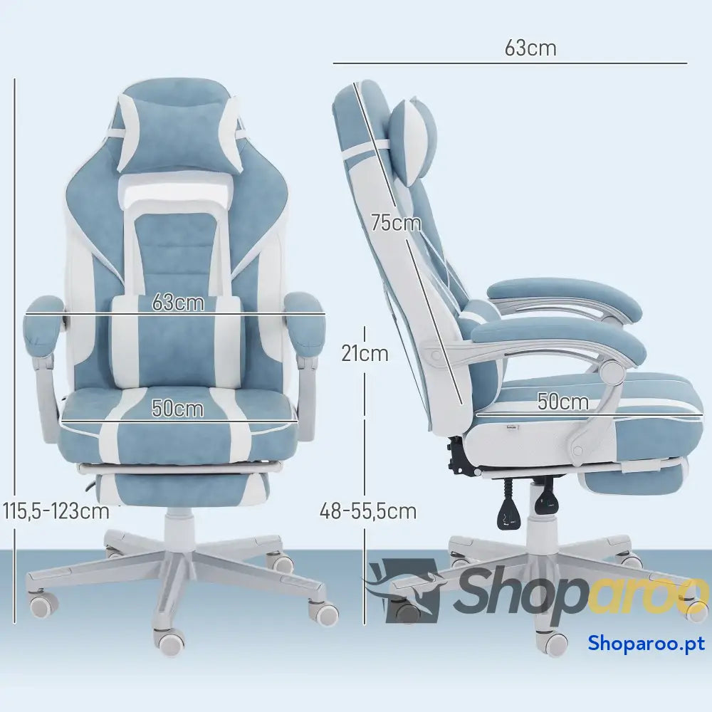 Cadeira Gaming Cadeira de Escritório Reclinável Apoio para os Pés Retrátil Suporte Lombar e Almofada para a Cabeça 63x63x115,5-123 cm Azul