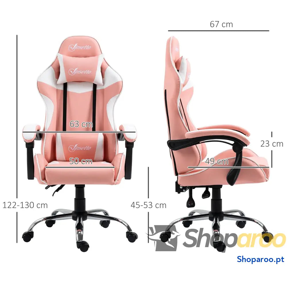 Cadeira Gaming Ergonômica Reclinável com Altura Ajustável Apoio para a Cabeça e Lombar 63x67x122-130cm Rosa Branco