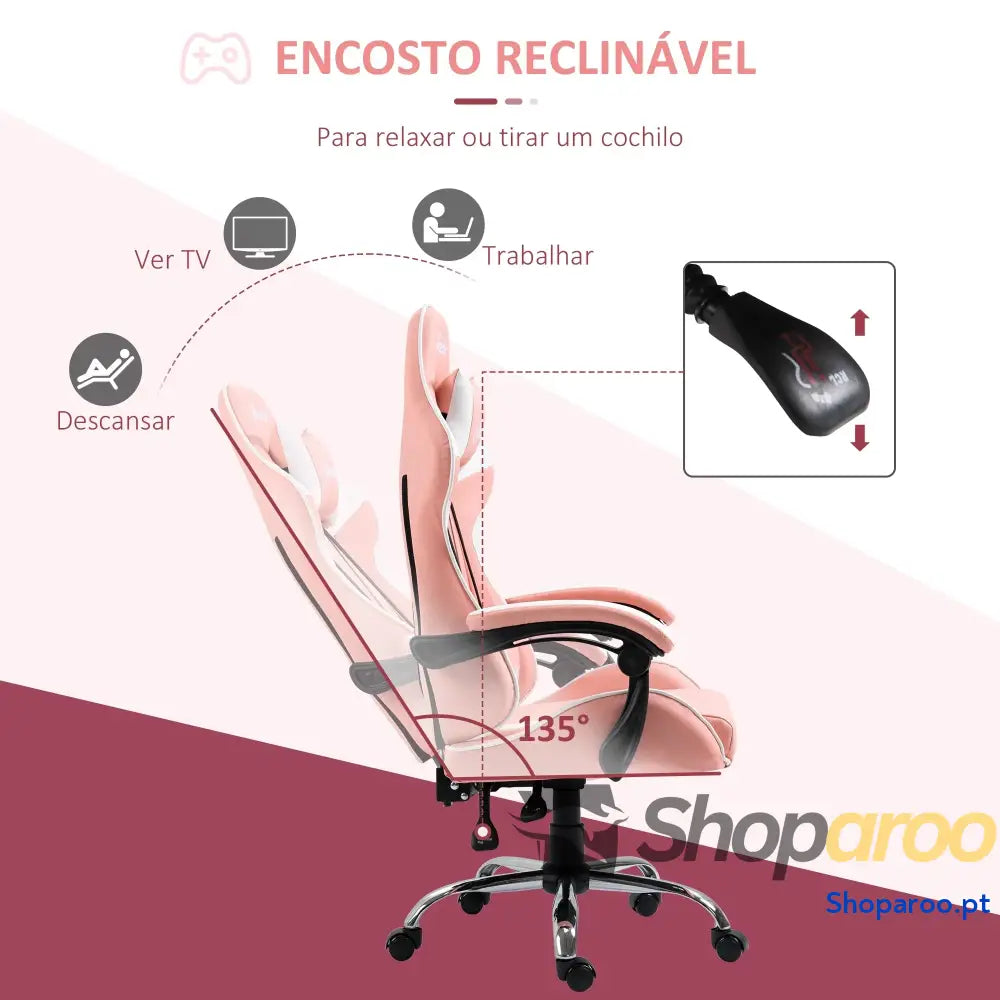 Cadeira Gaming Ergonômica Reclinável com Altura Ajustável Apoio para a Cabeça e Lombar 63x67x122-130cm Rosa Branco