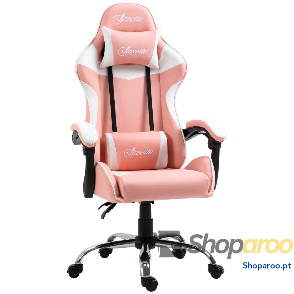 Cadeira Gaming Ergonômica Reclinável com Altura Ajustável Apoio para a Cabeça e Lombar 63x67x122-130cm Rosa Branco