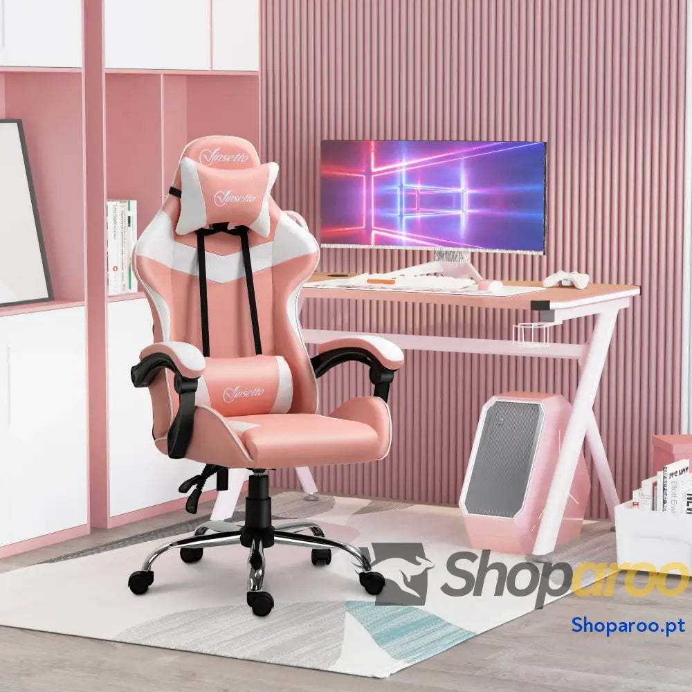 Cadeira Gaming Ergonômica Reclinável com Altura Ajustável Apoio para a Cabeça e Lombar 63x67x122-130cm Rosa Branco