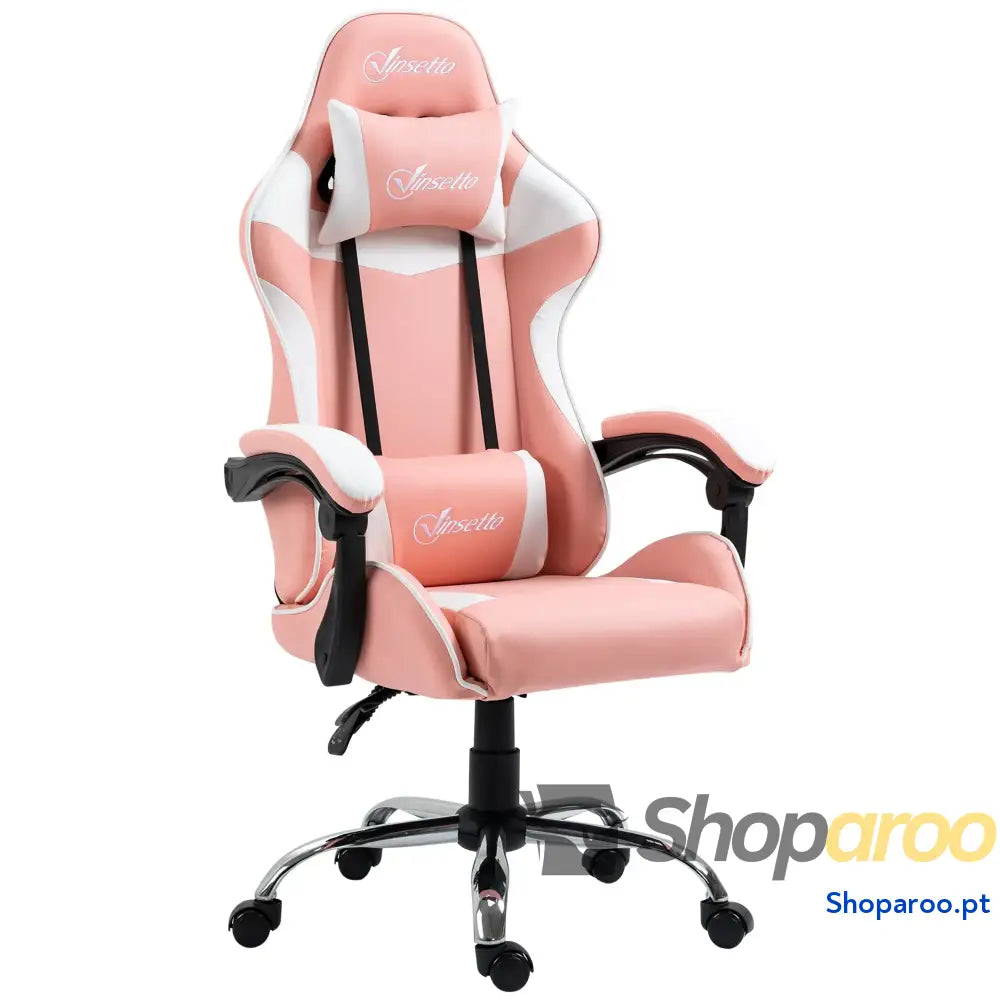 Cadeira Gaming Ergonômica Reclinável com Altura Ajustável Apoio para a Cabeça e Lombar 63x67x122-130cm Rosa Branco