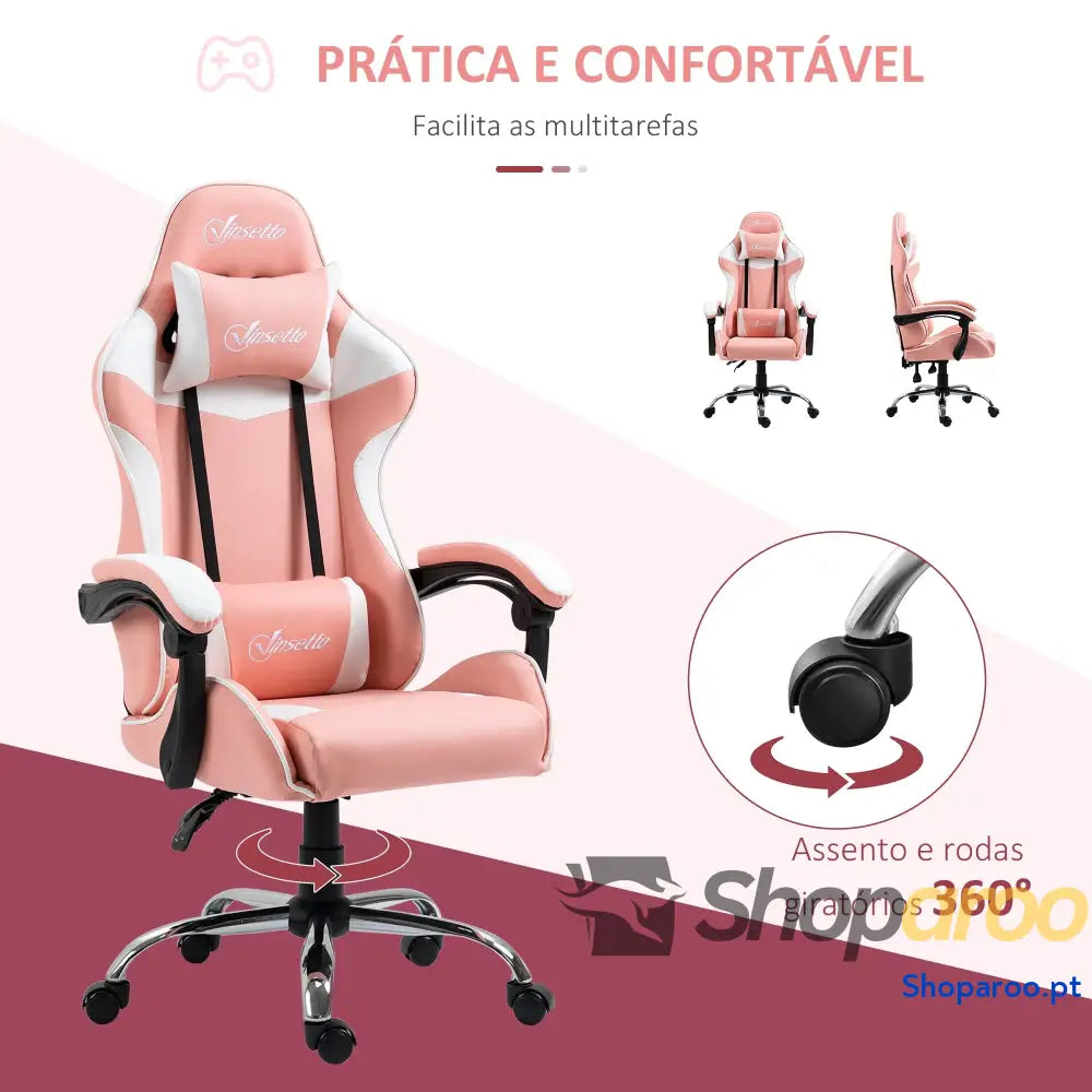 Cadeira Gaming Ergonômica Reclinável com Altura Ajustável Apoio para a Cabeça e Lombar 63x67x122-130cm Rosa Branco
