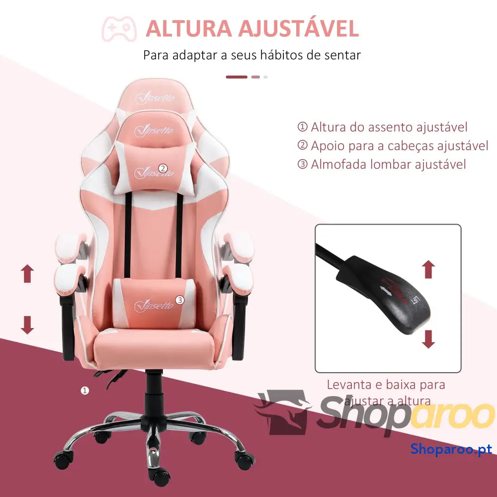 Cadeira Gaming Ergonômica Reclinável com Altura Ajustável Apoio para a Cabeça e Lombar 63x67x122-130cm Rosa Branco