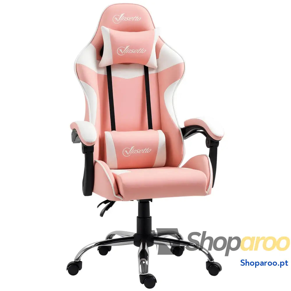 Cadeira Gaming Ergonômica Reclinável com Altura Ajustável Apoio para a Cabeça e Lombar 63x67x122-130cm Rosa Branco