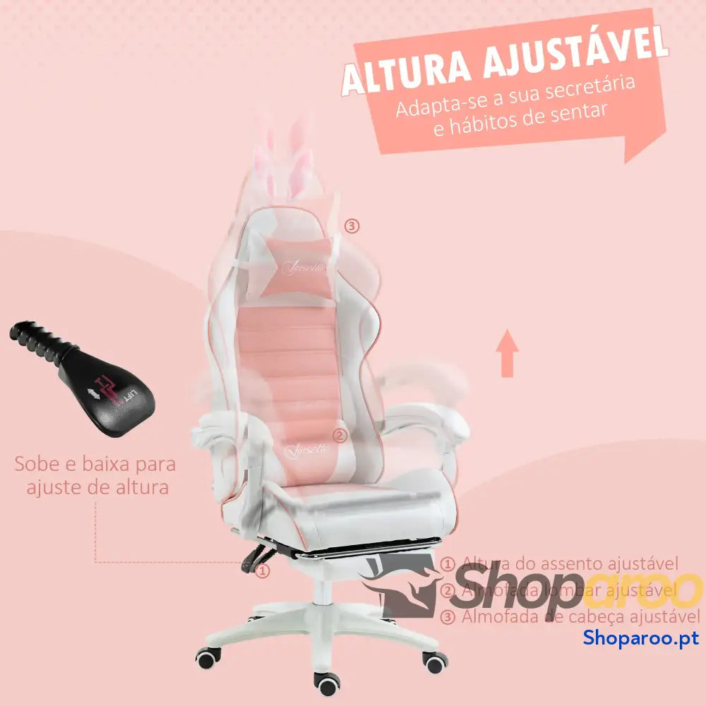 Cadeira Gaming Giratória de Couro PU com Altura Ajustável Inclinável 135° Apoio para a Cabeça 65x63x136-142 cm Rosa