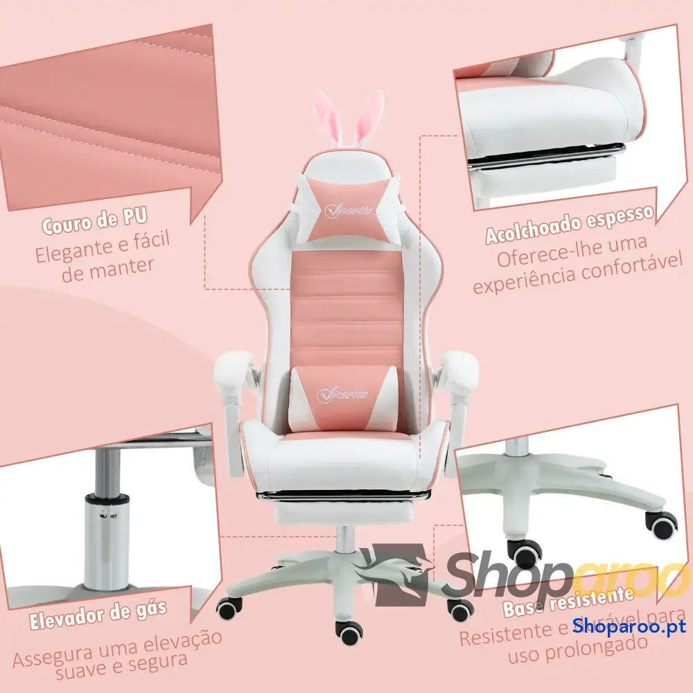 Cadeira Gaming Giratória de Couro PU com Altura Ajustável Inclinável 135° Apoio para a Cabeça 65x63x136-142 cm Rosa