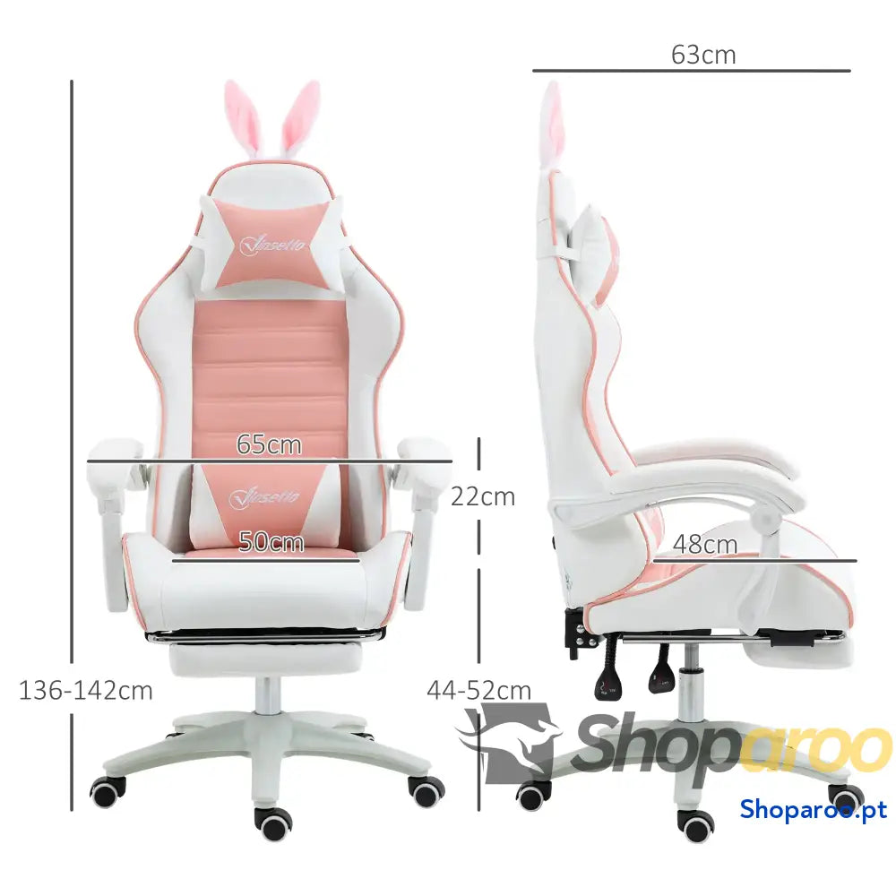 Cadeira Gaming Giratória de Couro PU com Altura Ajustável Inclinável 135° Apoio para a Cabeça 65x63x136-142 cm Rosa