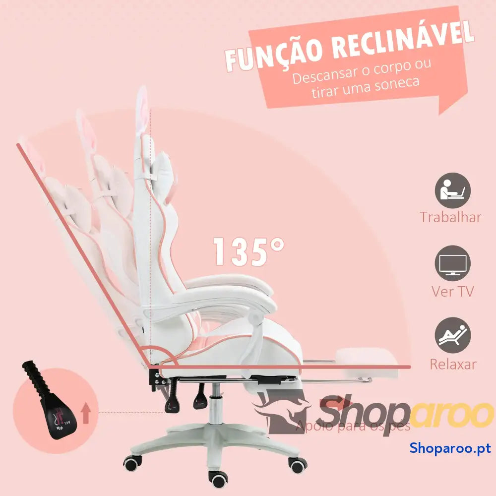 Cadeira Gaming Giratória de Couro PU com Altura Ajustável Inclinável 135° Apoio para a Cabeça 65x63x136-142 cm Rosa