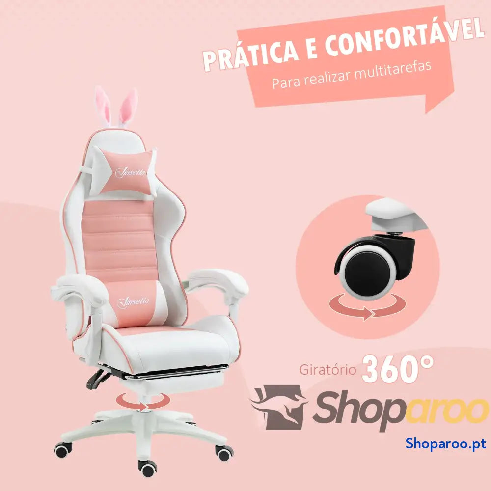 Cadeira Gaming Giratória de Couro PU com Altura Ajustável Inclinável 135° Apoio para a Cabeça 65x63x136-142 cm Rosa