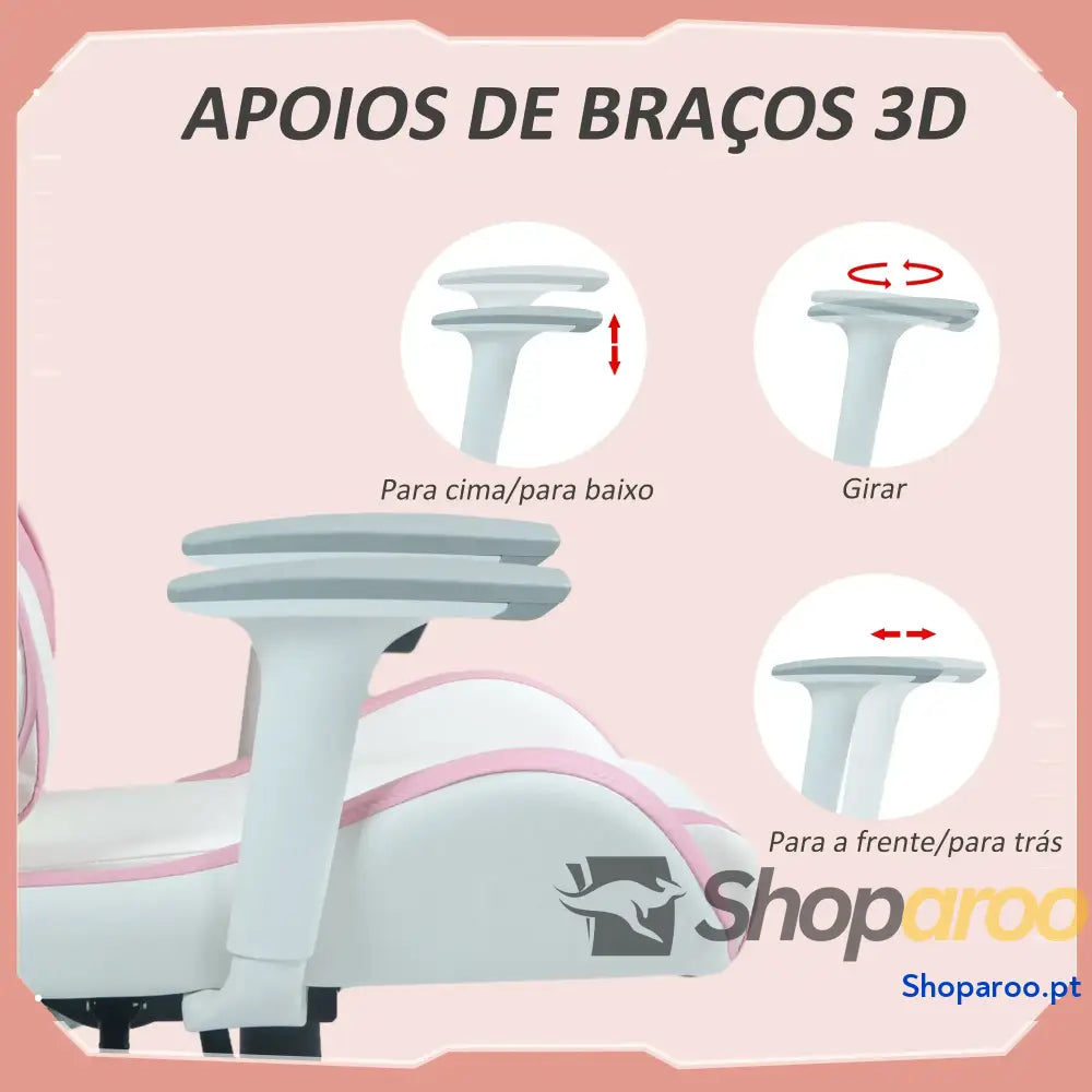 Cadeira Gaming Reclinável com Almofada Lombar Apoio de Cabeça Basculante e Altura Ajustável 67x60x120 128 cm Branco Rosa