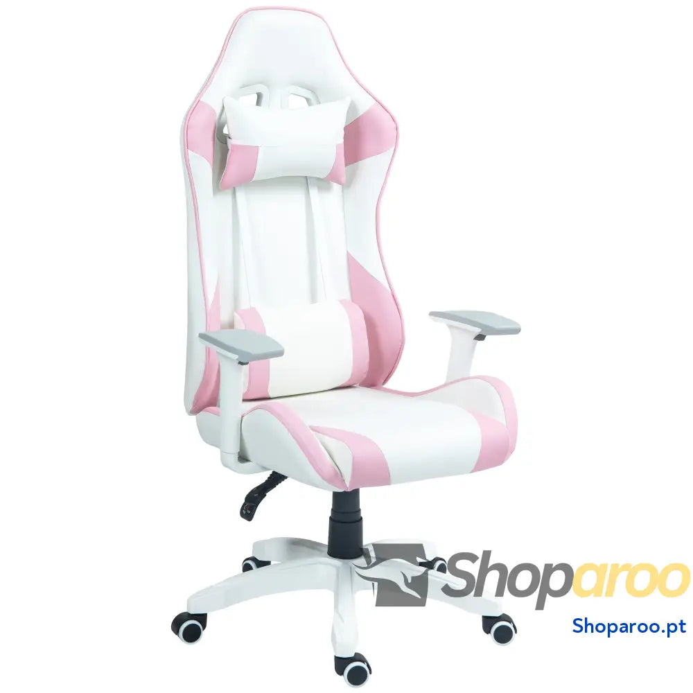 Cadeira Gaming Reclinável com Almofada Lombar Apoio de Cabeça Basculante e Altura Ajustável 67x60x120 128 cm Branco Rosa