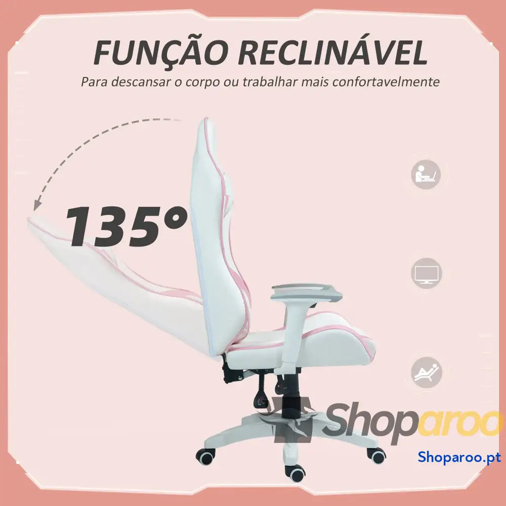 Cadeira Gaming Reclinável com Almofada Lombar Apoio de Cabeça Basculante e Altura Ajustável 67x60x120 128 cm Branco Rosa