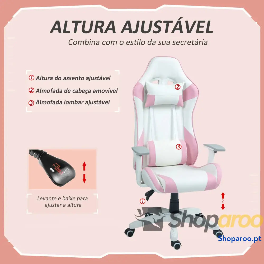 Cadeira Gaming Reclinável com Almofada Lombar Apoio de Cabeça Basculante e Altura Ajustável 67x60x120 128 cm Branco Rosa