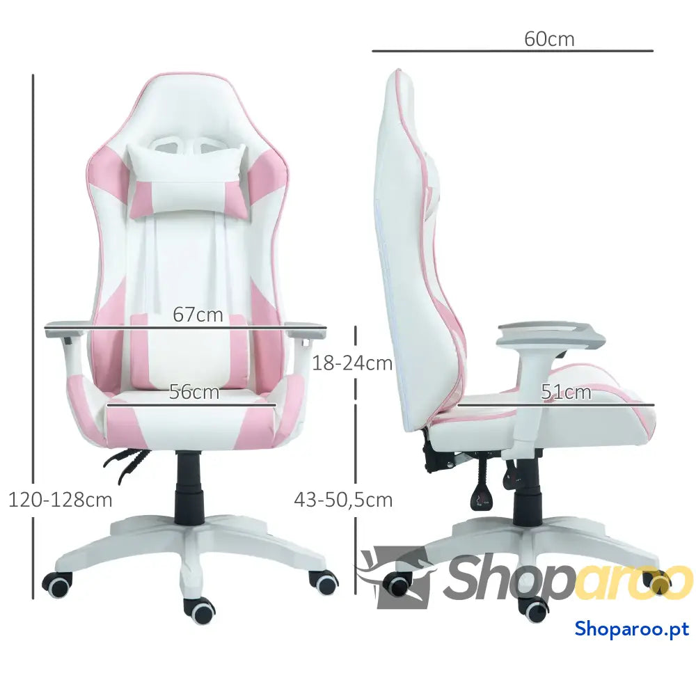Cadeira Gaming Reclinável com Almofada Lombar Apoio de Cabeça Basculante e Altura Ajustável 67x60x120 128 cm Branco Rosa