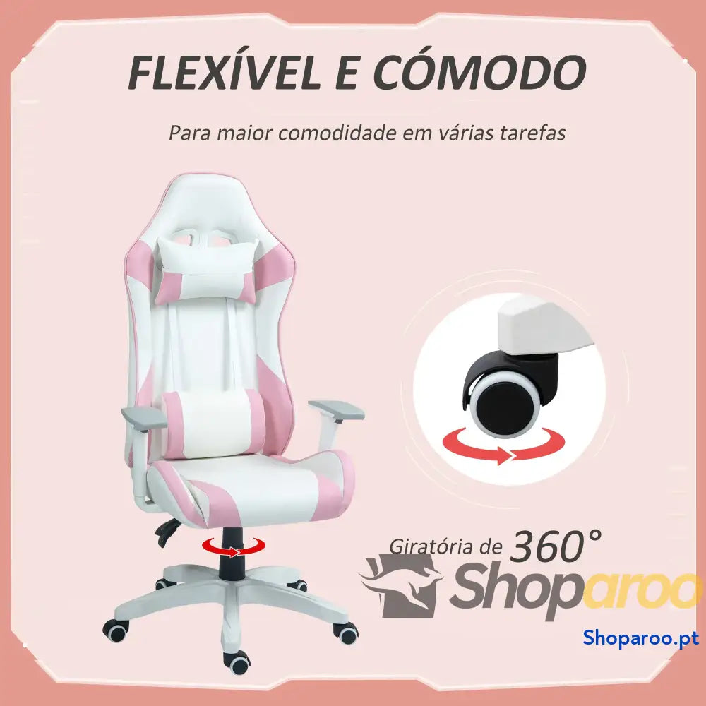 Cadeira Gaming Reclinável com Almofada Lombar Apoio de Cabeça Basculante e Altura Ajustável 67x60x120 128 cm Branco Rosa