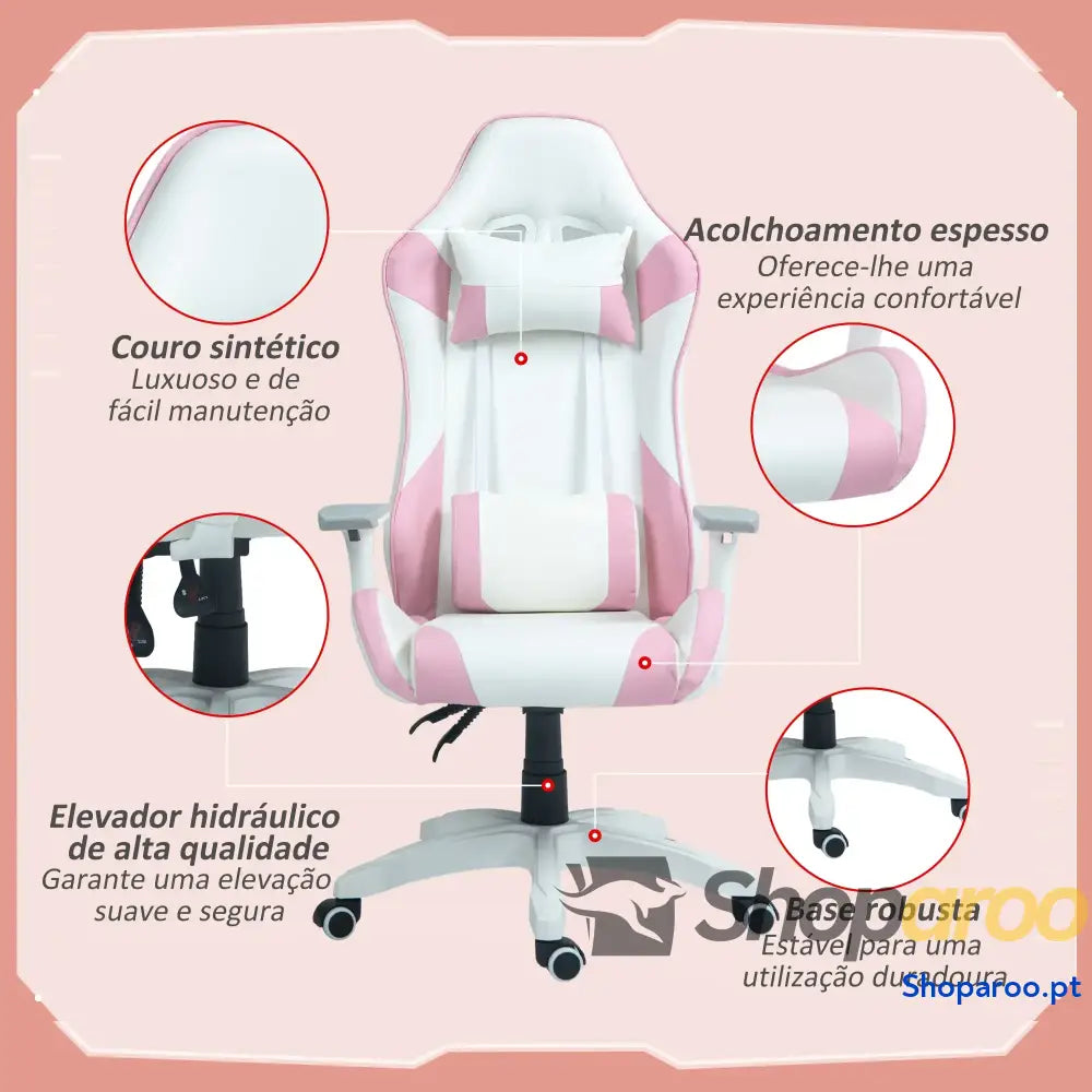 Cadeira Gaming Reclinável com Almofada Lombar Apoio de Cabeça Basculante e Altura Ajustável 67x60x120 128 cm Branco Rosa