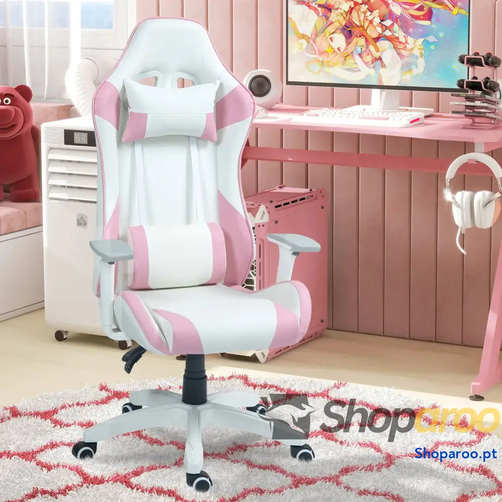  Cadeira Gaming Reclinável com Almofada Lombar Apoio de Cabeça Basculante e Altura Ajustável 67x60x120-128 cm Branco e Rosa