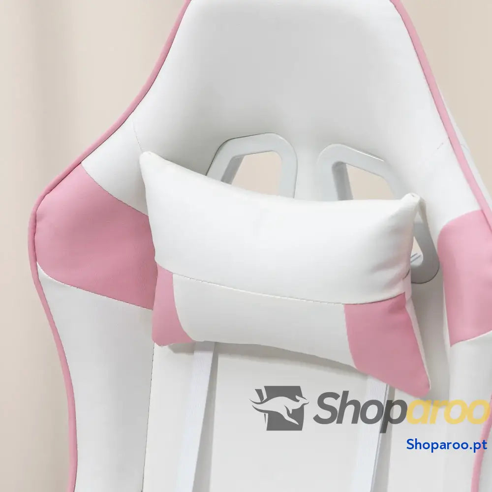 Cadeira Gaming Reclinável com Almofada Lombar Apoio de Cabeça Basculante e Altura Ajustável 67x60x120 128 cm Branco Rosa