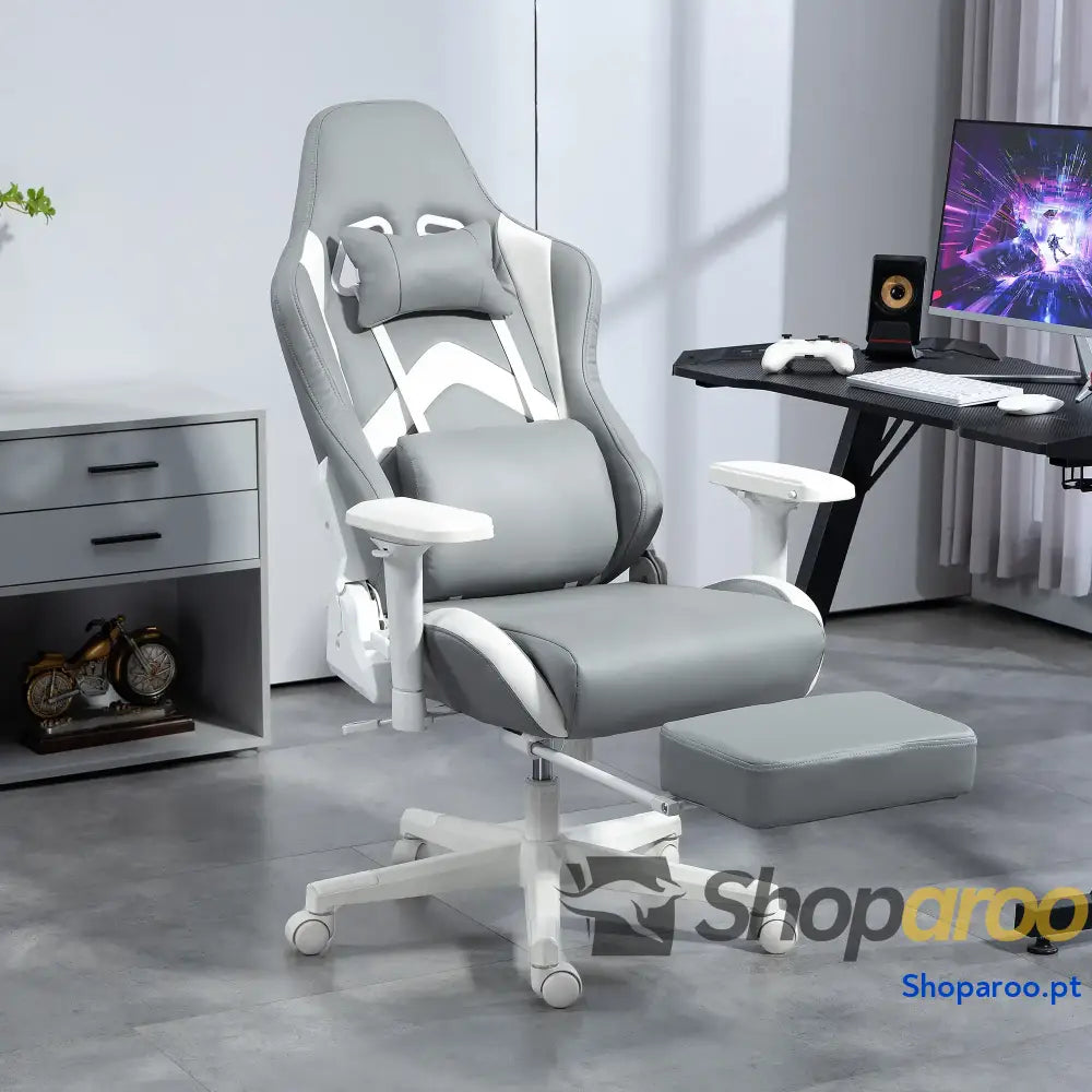 Cadeira Gaming Reclinável com Apoio para os Pés Retrátil Suporte Lombar e Apoio para a Cabeça 74x73x120-129 cm Cinza Claro e Branco