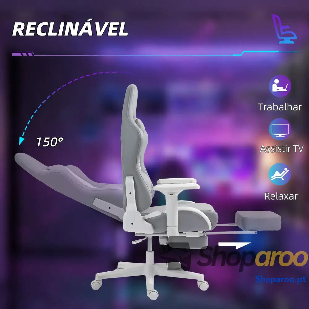Cadeira Gaming Reclinável com Apoio para os Pés Retrátil Suporte Lombar e a Cabeça 74x73x120 129 cm Cinza Claro Branco
