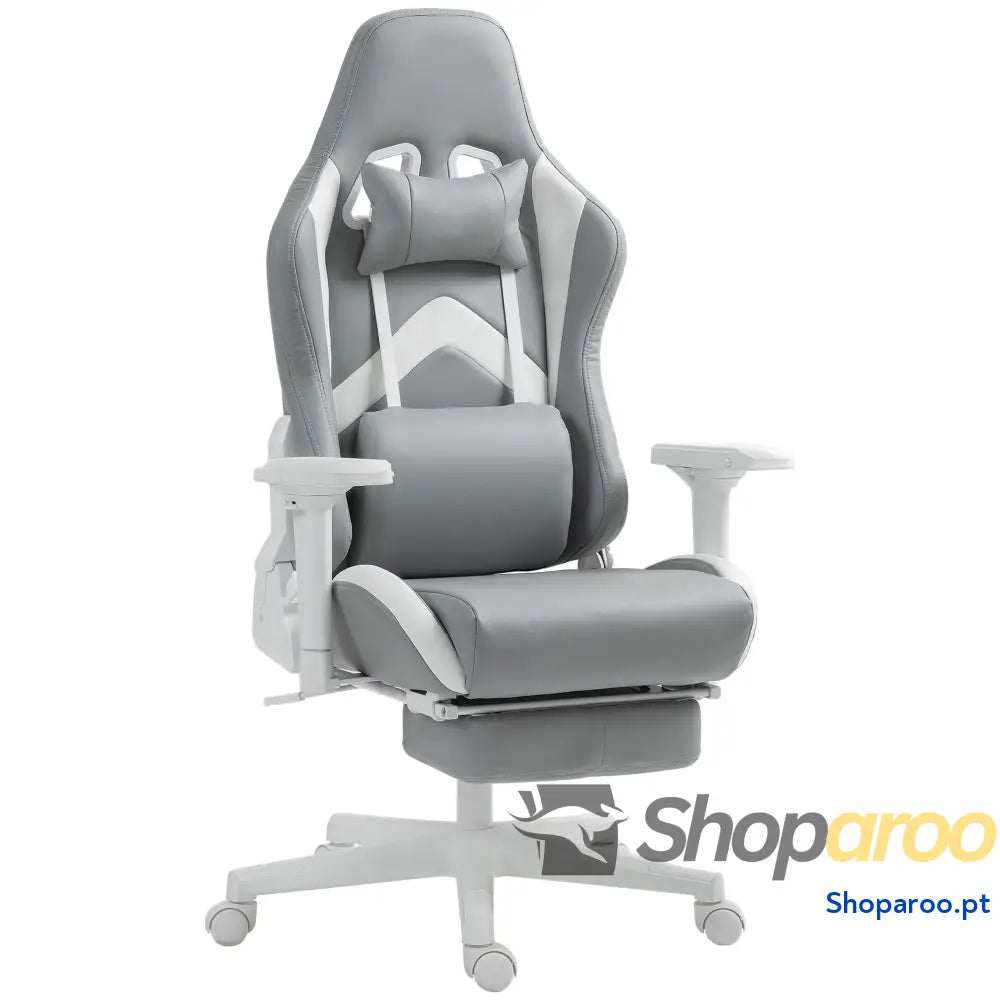 Cadeira Gaming Reclinável com Apoio para os Pés Retrátil Suporte Lombar e a Cabeça 74x73x120 129 cm Cinza Claro Branco