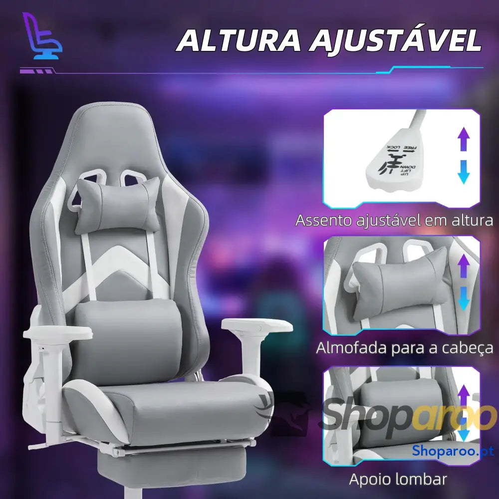 Cadeira Gaming Reclinável com Apoio para os Pés Retrátil Suporte Lombar e a Cabeça 74x73x120 129 cm Cinza Claro Branco