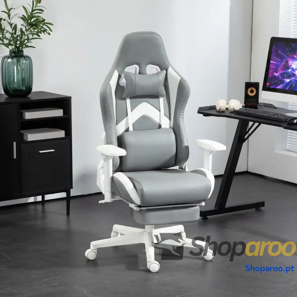 Cadeira Gaming Reclinável com Apoio para os Pés Retrátil Suporte Lombar e a Cabeça 74x73x120 129 cm Cinza Claro Branco
