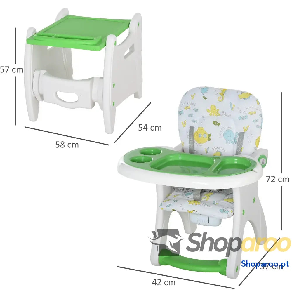 Cadeira para bebês 3 em 1 ajustável verde com mesa integrada