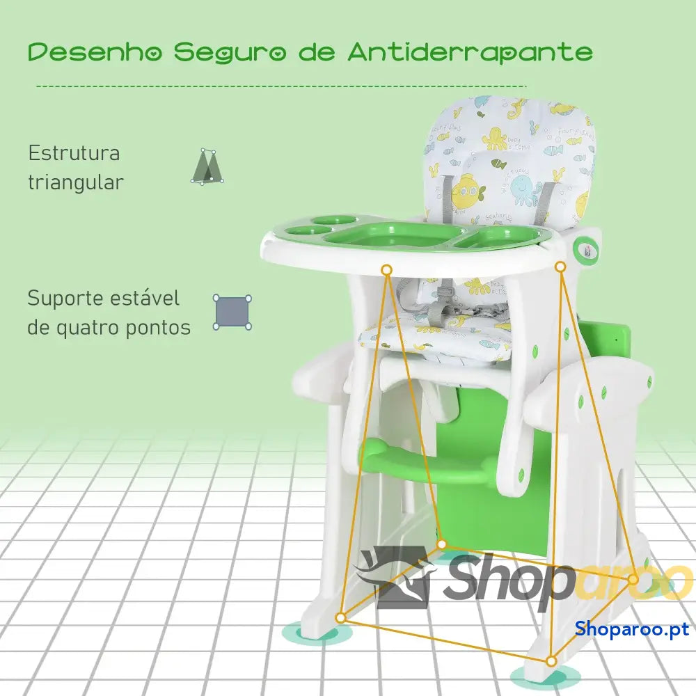 Cadeira para bebês 3 em 1 ajustável verde com mesa integrada