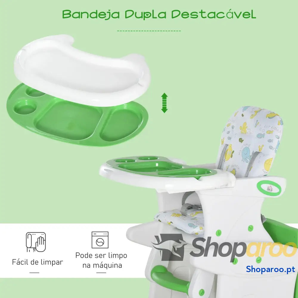 Cadeira para bebês 3 em 1 ajustável verde com mesa integrada