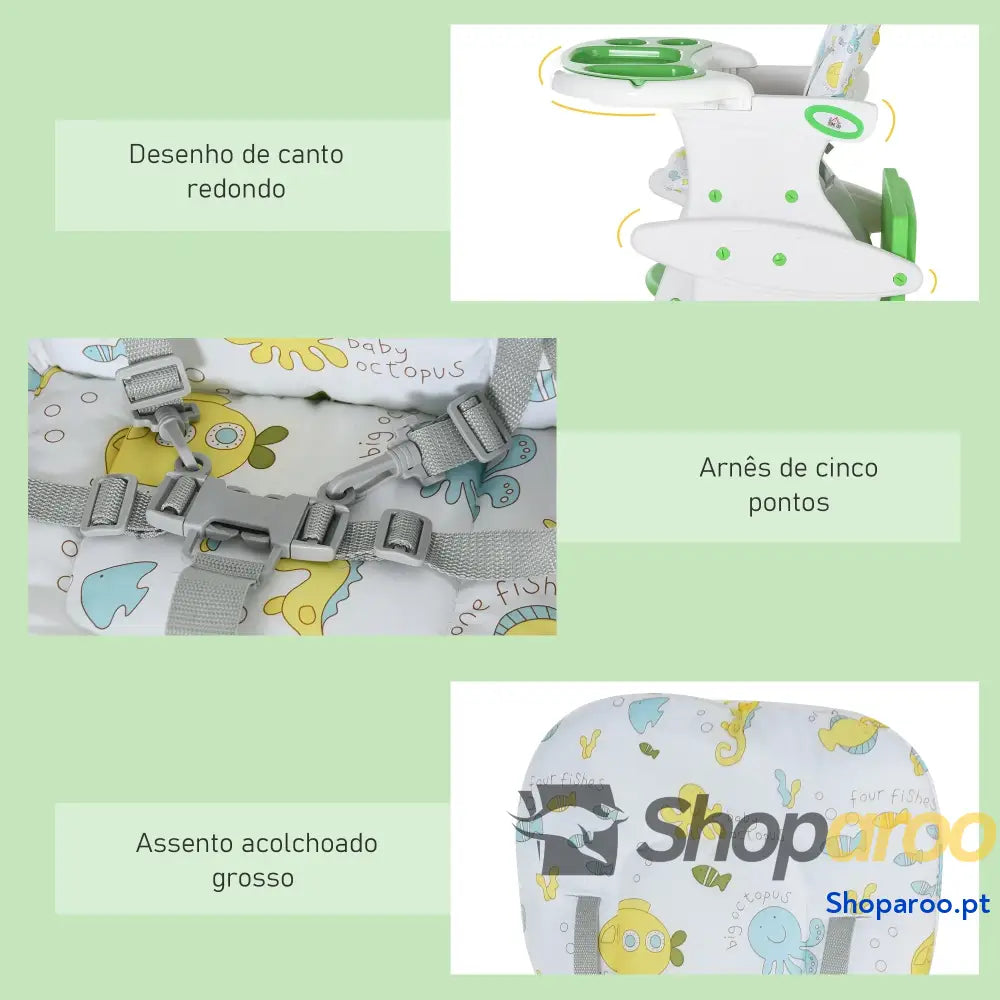 Cadeira para bebês 3 em 1 ajustável verde com mesa integrada