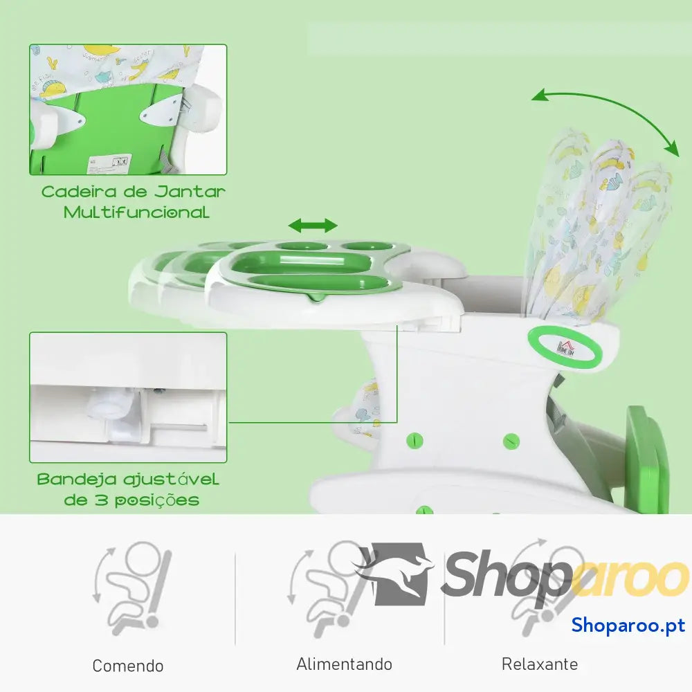 Cadeira para bebês 3 em 1 ajustável verde com mesa integrada