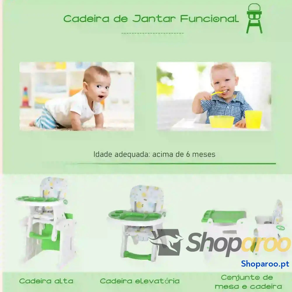 Cadeira para bebês 3 em 1 ajustável verde com mesa integrada